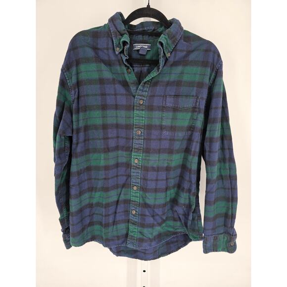 Lands End Mens Sz L Long Sleeve Button Up Flannel Shirt Blue Green Plaid - Picture 1 of 4